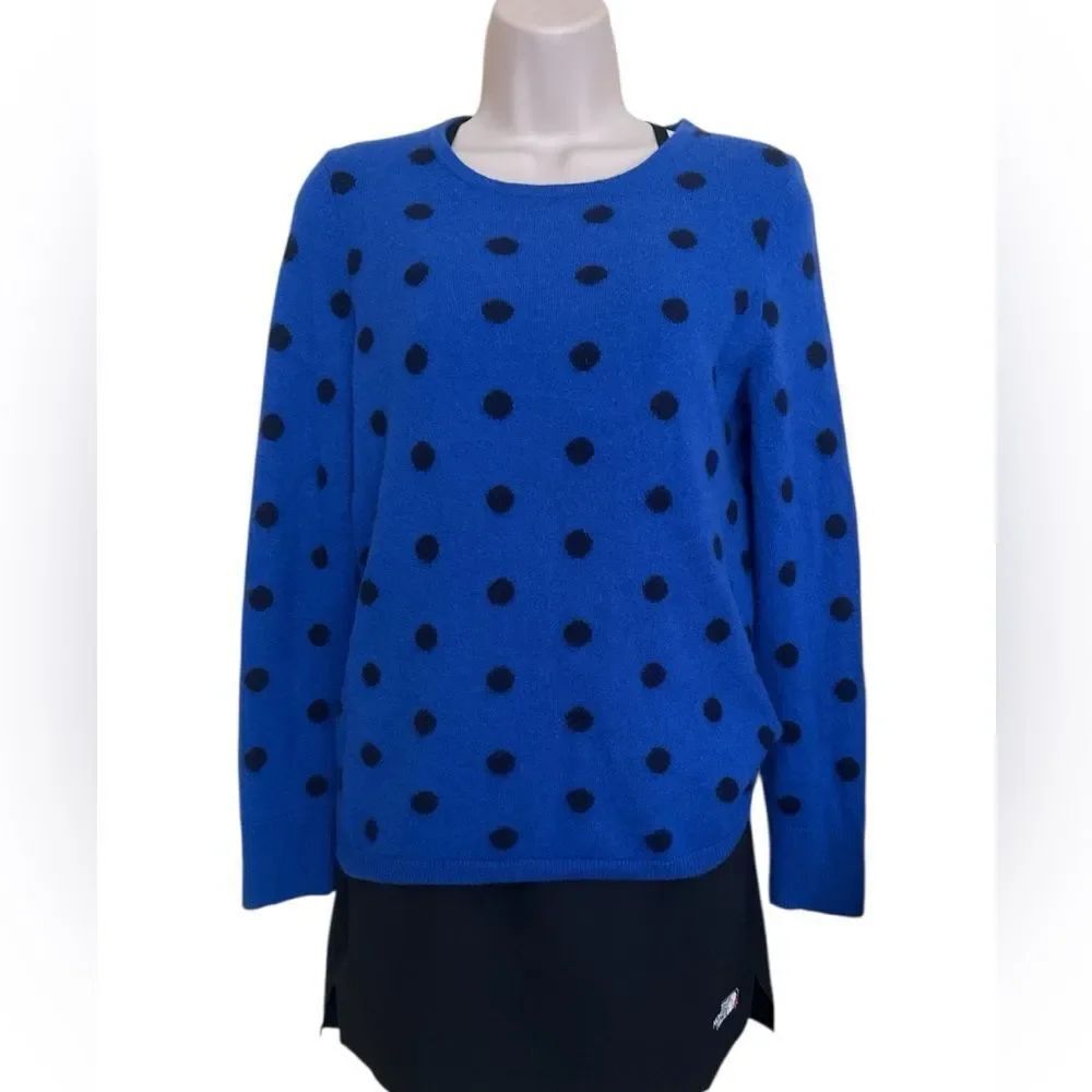 Talbots Blue Super Soft 100%Cashmere Sweater Buttons Sleeve with Black Dots MP